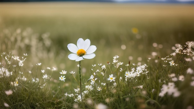 photo white flower with yellow center in front of a field of meadow