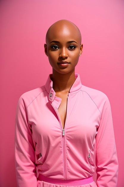 Photo of white hairless woman dressed in pink with pink picture background for breast cancer self ez