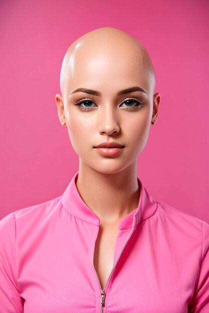 Photo of white hairless woman dressed in pink with pink picture background for breast cancer self ez