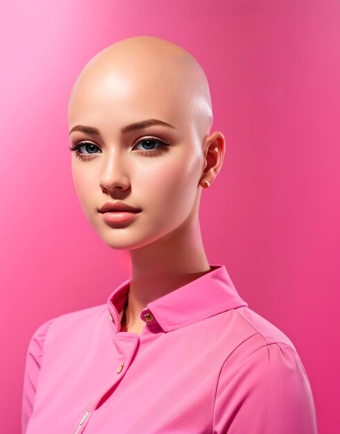 Photo of white hairless woman dressed in pink with pink picture background for breast cancer self ez