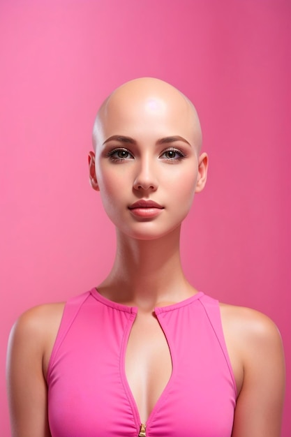 Photo of white hairless woman dressed in pink with pink picture background for breast cancer self ez