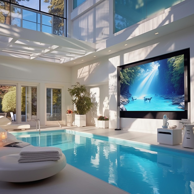 Photo a white house with a pool and a tv on the wall