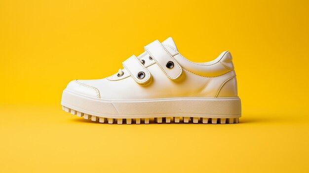 Photo white leather sneakers with fasteners on yellow