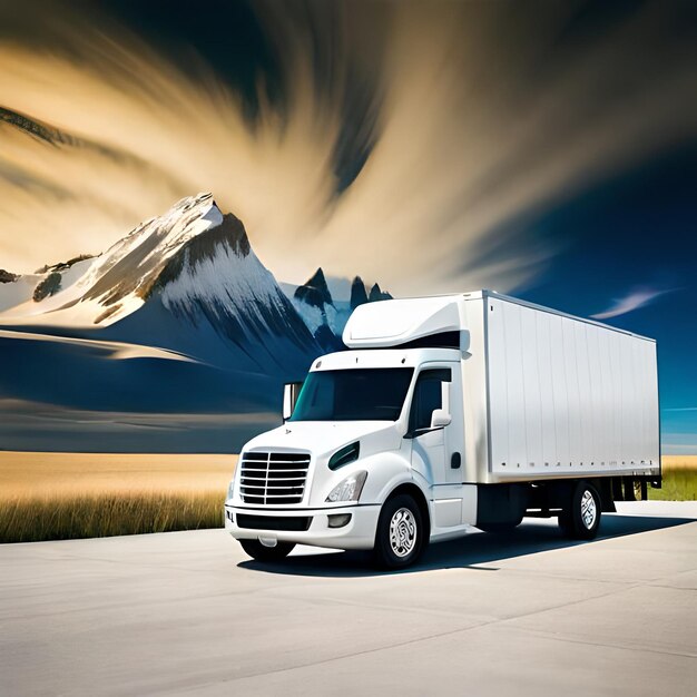 Photo A white truck is parked in front of a mountain