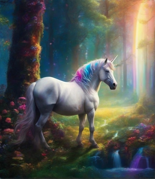 Photo white unicorn in fairy forestanimation cartoon