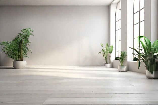 ガラス窓の横の床に花植物のある白い壁の空の部屋の写真の背景のレンダリング