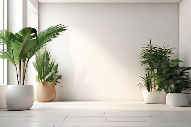 Photo White Wall Empty Room With Flower Plants On A Floor Beside A Glass Window Background Rendering