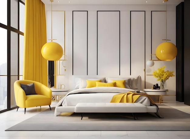 Photo white and yellow bedroom interior for mockup