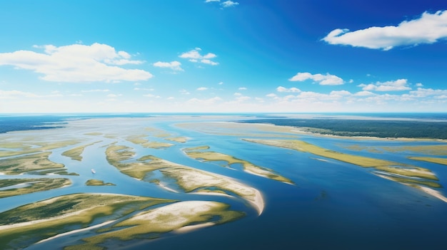 A photo of a wide river delta with sandy beaches bright midday sun