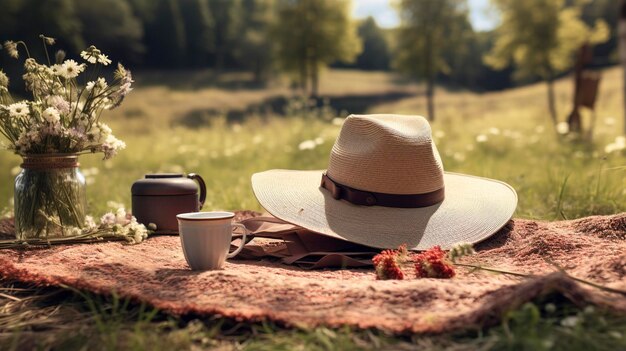 A photo of a widebrimmed floppy hat in a countryside