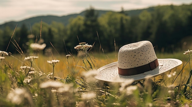 A photo of a widebrimmed floppy hat in a meadow