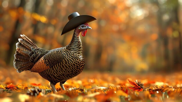 Photo a photo of a wild turkey wearing a cowboy hat standing in a field of fall leaves the turkey is looking at the camera with a curious expression