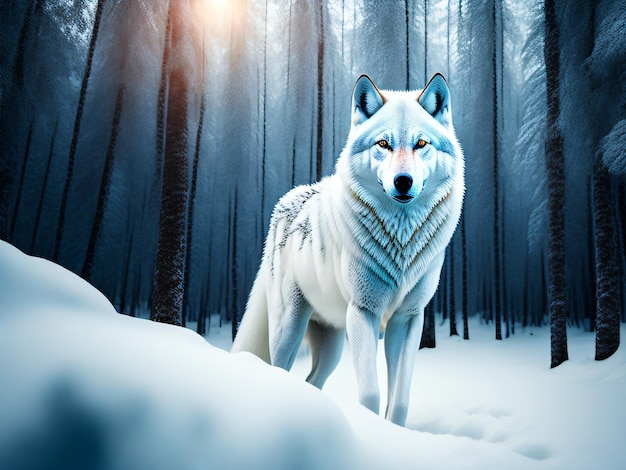 Photo a wild white wolf standing in a cold north forest with a dangerous look captured with a DSLR