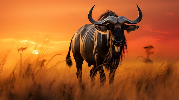 Photo of wildebeest on savanna at sunset