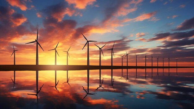 Photo a photo of a wind farm at sunrise with vibrant colors