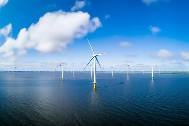 Photo of wind farm or wind park with high wind turbines for generation electricitygreen energy