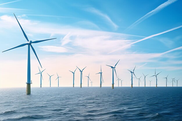 Photo of wind farm or wind park with high wind turbines for generation electricityGreen energy