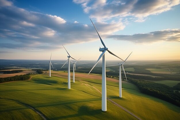 Photo of wind farm or wind park with high wind turbines for generation electricityGreen energy