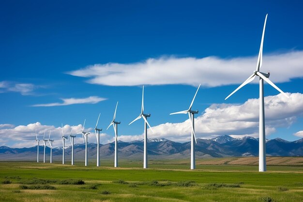 Photo of wind farm or wind park with high wind turbines for generation electricityGreen energy