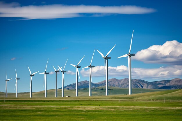 Photo of wind farm or wind park with high wind turbines for generation electricitygreen energy