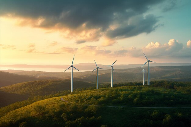 Photo of wind farm or wind park with high wind turbines for generation electricityGreen energy