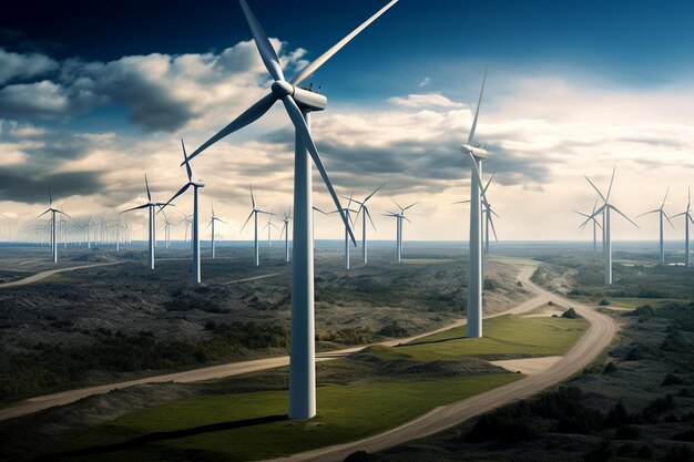 Photo of wind farm or wind park with high wind turbines for generation electricityGreen energy