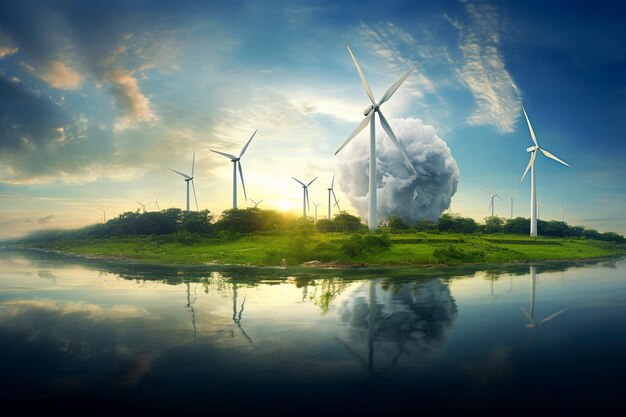 Photo of wind farm or wind park with high wind turbines for generation electricityGreen energy