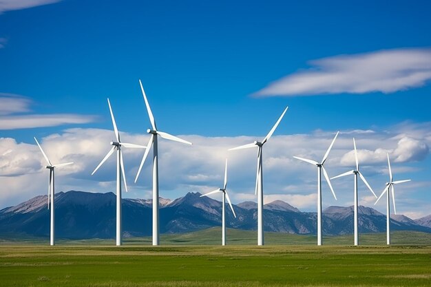 Фотография ветряной электростанции или ветропарка с высокими ветряными турбинами для выработки электроэнергииЗеленая энергия