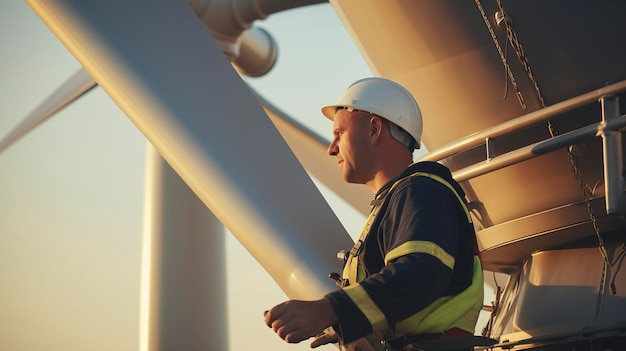 A photo of a wind turbine technician conducting maintenance