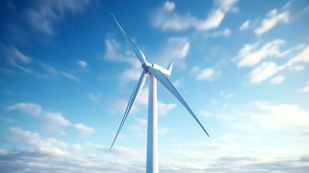 A photo of a wind turbine with blades in motion