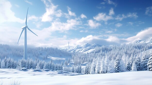 A photo of a wind turbine with a snowcovered land