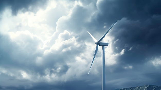 A photo of a wind turbine with storm clouds