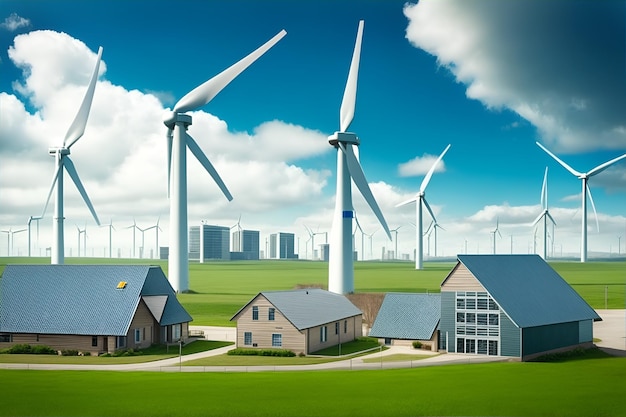 Photo wind turbines and buildings on the earth generative ai