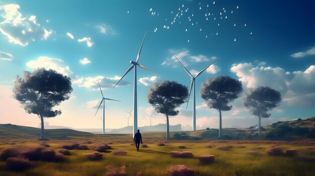 Photo wind turbines and solar panels on meadow with tree holds in Man hand against blue ai generated