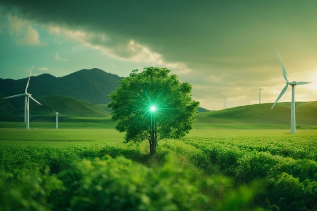 Photo wind turbines and solar panels on meadow with tree holds in woman's hand against blue sky and clouds