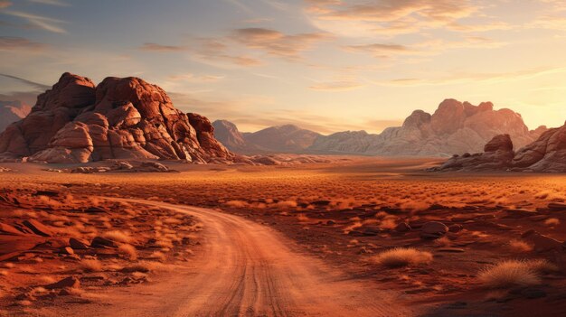 A photo of a winding desert road sunset lighting