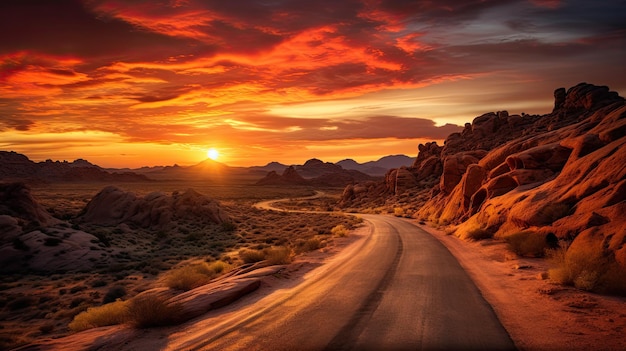 A photo of a winding desert road sunset lighting