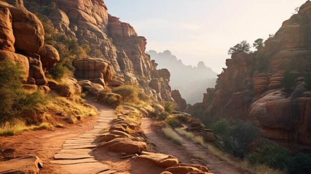 Foto una foto di un sentiero escursionistico tortuoso attraverso un canyon roccioso luce morbida del mattino