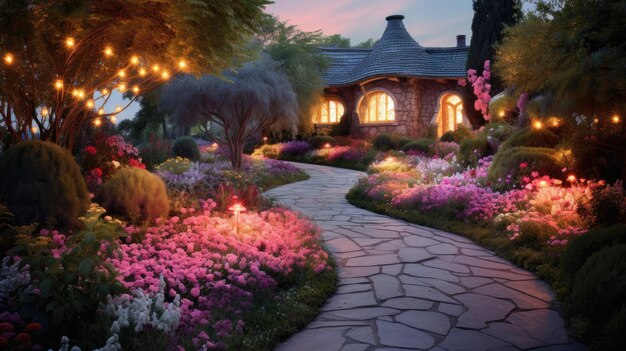 A photo of a winding path through a colorful garden soft evening light