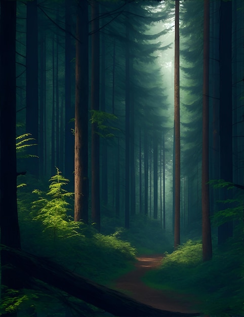 Photo of a winding path through a mysterious and enchanting forest