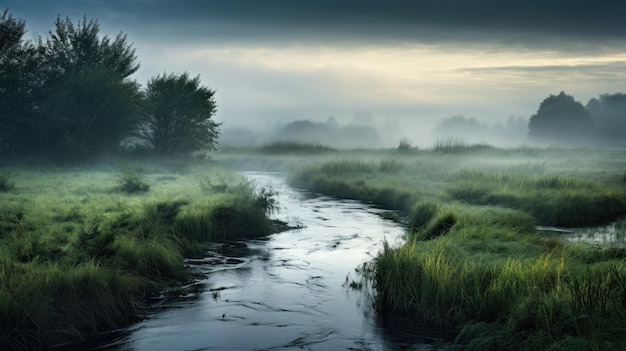 A photo of a winding river through a misty wetland diffused morning light