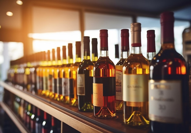photo wine row on a table with sunrise background
