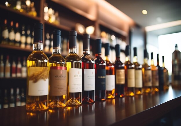 photo wine row on a table with sunrise background