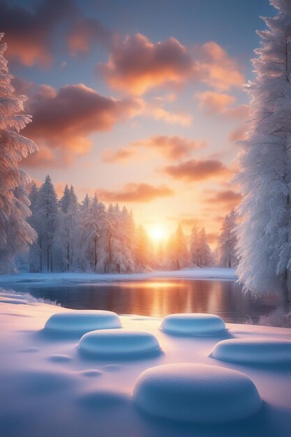 Photo winter forest sunset and frozen snow flakes sunset on blue sky background
