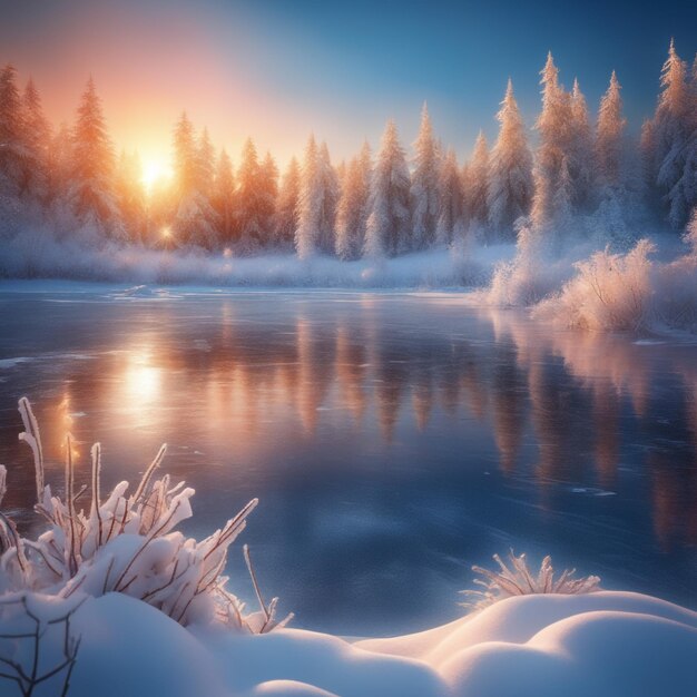 Photo winter forest sunset and frozen snow flakes sunset on blue sky background