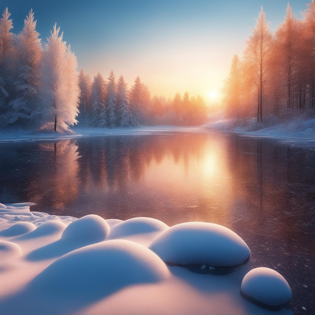 Foto foto tramonto della foresta invernale e tramonto dei fiocchi di neve ghiacciata sullo sfondo del cielo blu
