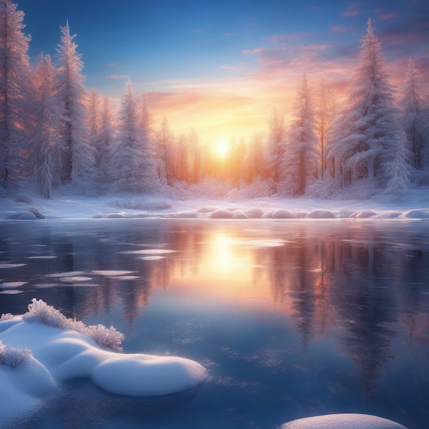 Foto foto bosco invernale tramonto e fiocchi di neve ghiacciati tramonto sullo sfondo del cielo blu