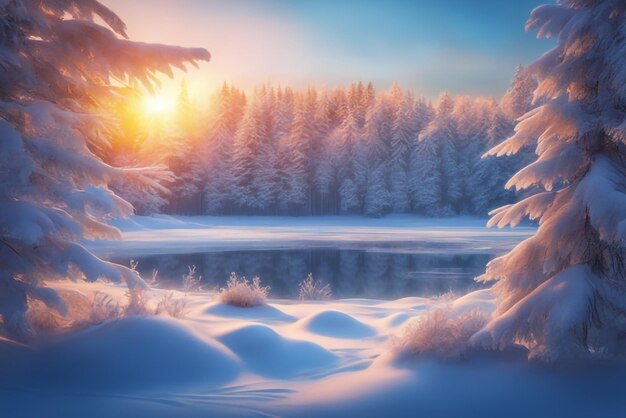 Photo winter forest sunset and frozen snow flakes sunset on blue sky background