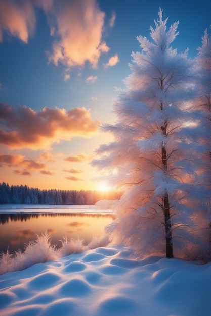 Foto foto bosco invernale tramonto e fiocchi di neve ghiacciati tramonto sullo sfondo del cielo blu