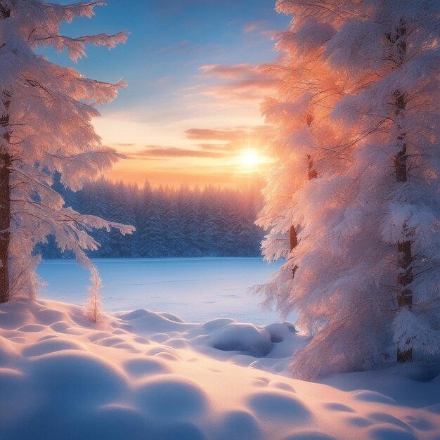 Photo winter forest sunset and frozen snow flakes sunset on blue sky background